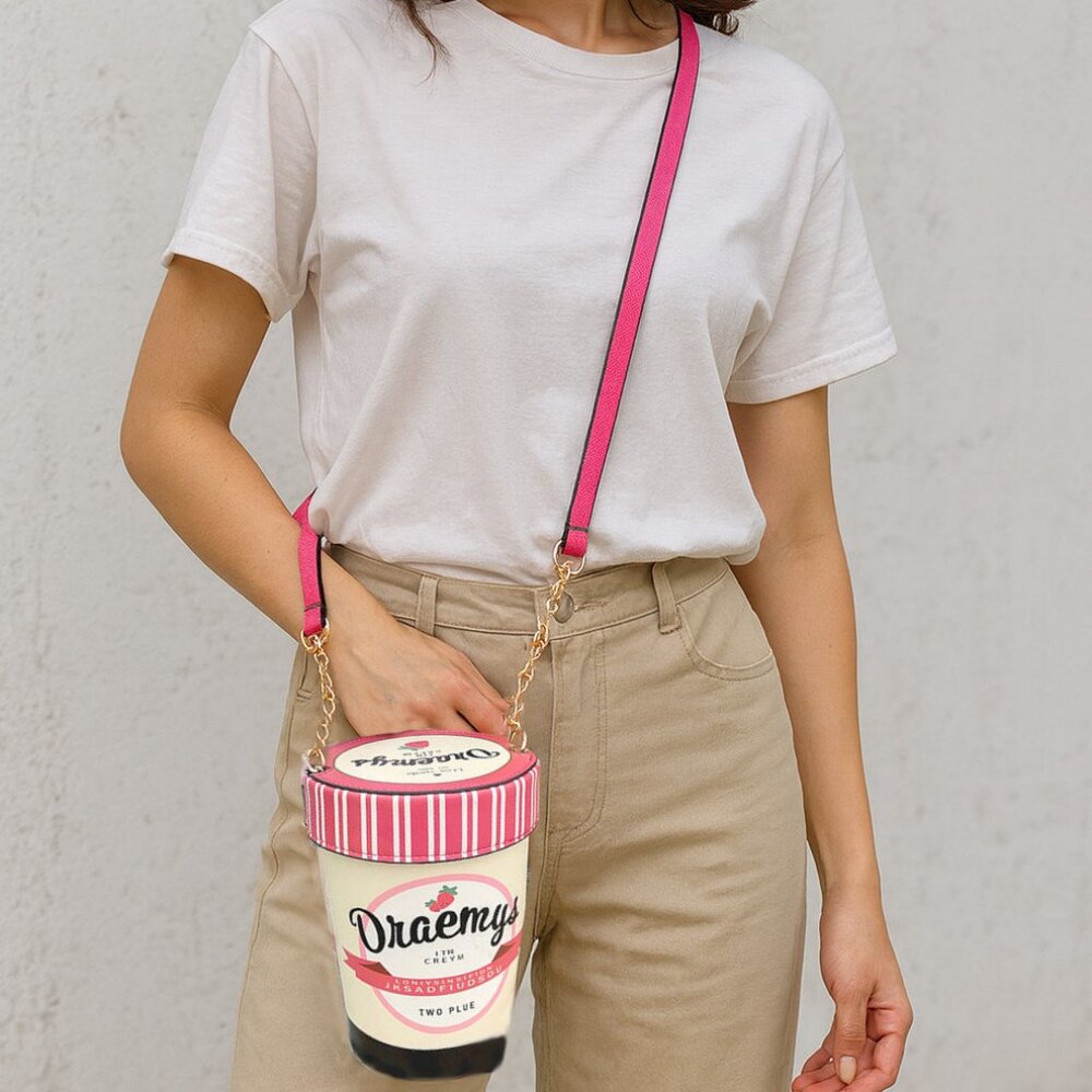 Draemys Ice Cream Pint Novelty Crossbody Bag – Adorable Statement Purse! 🍓 - Picture 3 of 5
